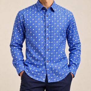 Mens Large Blue White Polka Dot Textured Viscose Shirt Long Sleeve Button Up NWT